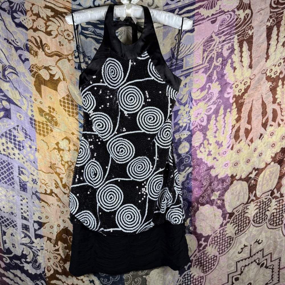Vintage 90s Cache Black White Sequin Swirl Halter Ruched Mini Dress Size XS